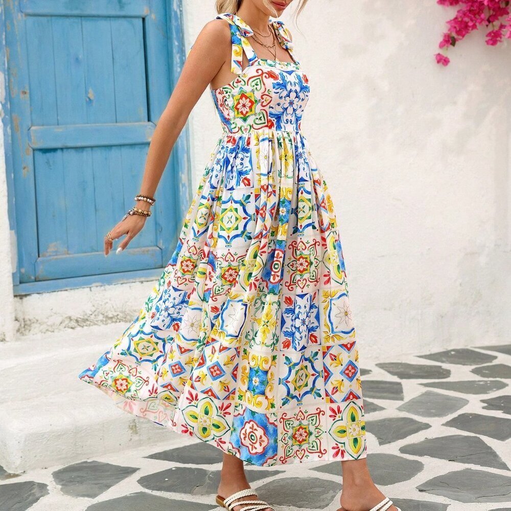 Multicolor Boho Women's Woven Printed Sleeveless Ankle Dress - Picture 3 of 7
